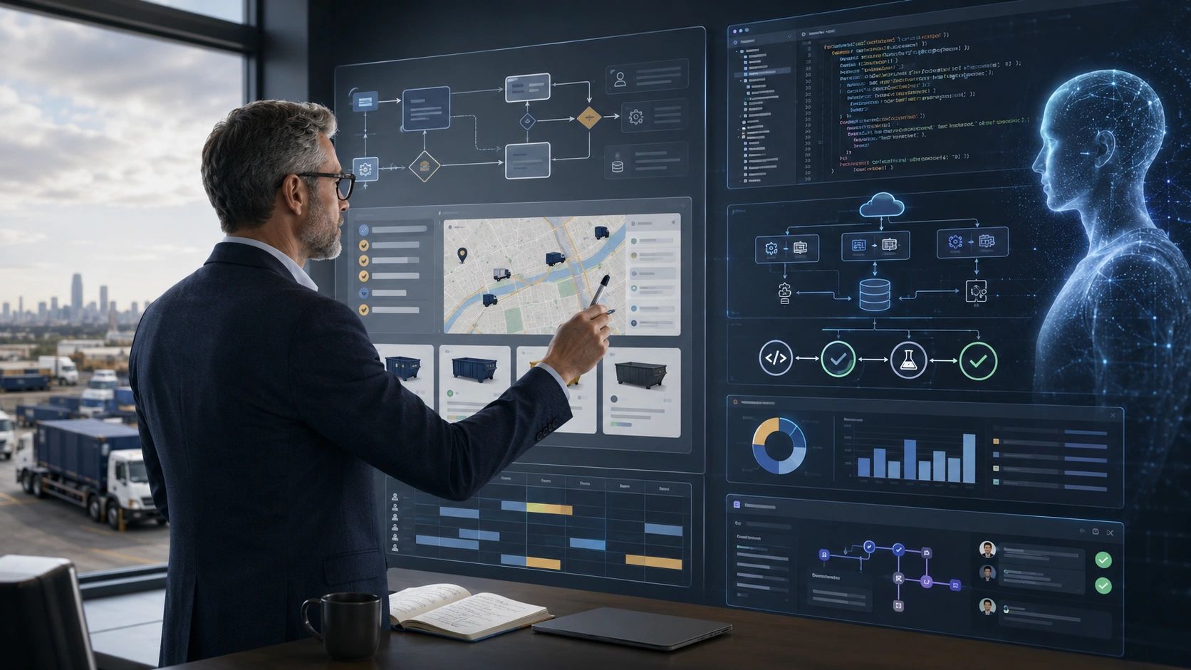 An experienced business and operations leader directing the development of an AI-enabled SaaS platform, with software architecture, workflow diagrams, code, automated testing, dispatch, scheduling, and operational dashboards representing the collaboration between human domain expertise and AI software engineering.